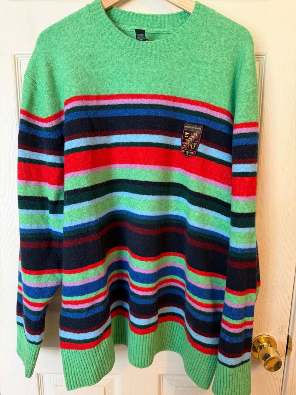 Houston White Green Multicolor Striped Crewneck Sweater